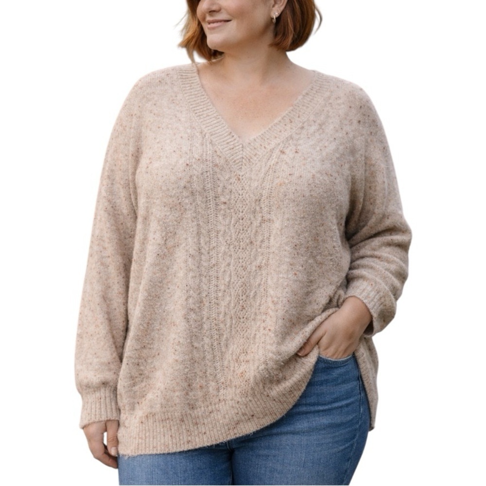 Hiatus 2X Cream Oatmeal Flecked Oversized Knit V-neck Sweater